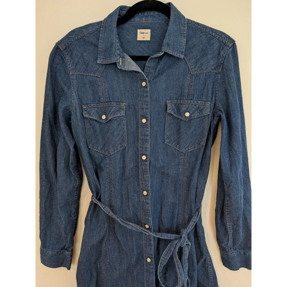 Gap 1969 Womens Blue Denim Western Pearl Snap Shirt Dress Size L Tie Waist Belt - Picture 5 of 9